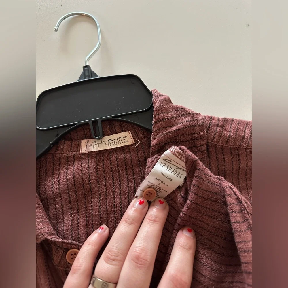 CP Shades Free People Burgundy Pinstripe Linen Tunic Striped Button Top L - Picture 5 of 5